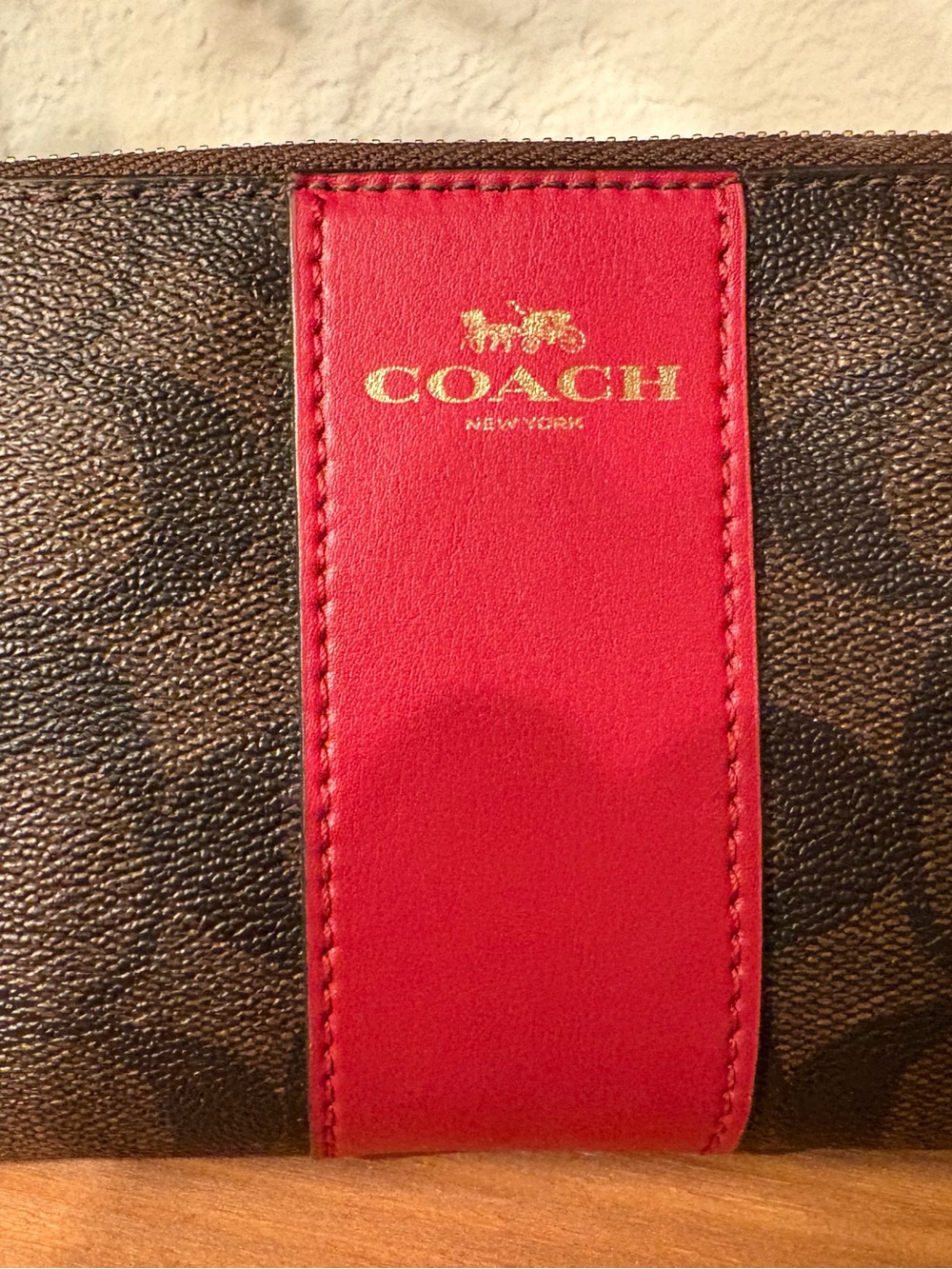 Coach Brown Signature Canvas Wristlet with Red Stripe - Picture 2 of 4